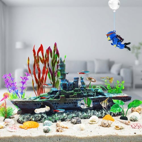 Aquarium Accessories - Resin Sunken Warship Ornament Set, Fish Castle | Betta Fish Hideout Cave, 10 Artificial Aquatic Plants, 30-40 Seashells, 1 Floating Diver, Fish Tank Shipwreck Accessories - color: Warship