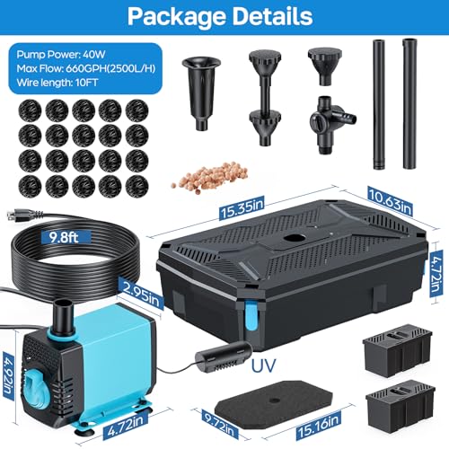 Pond Filter Fountain Pump Kits with UV Clarifier, Pond Filter Box with 40W 660GPH Submersible Pump, KOI Pond Filter for Outdoor Ponds Garden Fountain Waterfall Aquarium Koi Pond - style: 40W with U-V Clarifier-Corded Electric