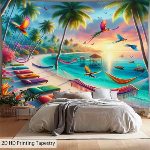 FENDROM Fantasy Colorful Ocean Beach Tapestry Wall Hanging Tropic Paradise Coconut Palm Tree Hawaiian Sea Wave Cool Seaside Sunset Waves Wall Decor For Dorm Bedroom Living Room - color: Colorful, size: 59"L x 39"W
