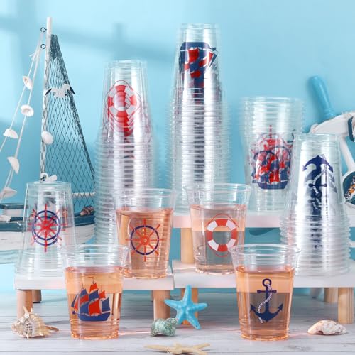 Qinyoung 100 Pcs Nautical Disposable Plastic Cups 12 oz Anchor Theme Blue Clear Party Cups Cold Beverage Drinking Container for Nautical Ocean Theme Birthday Party Supplies - style: Nautical