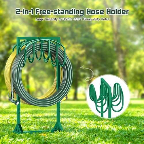 HeroicLion Garden Hose Holder Holds 2 x 151FT Hoses, Heavy-Duty Metal Freestanding Hose Stand with Stable Base, Rustproof Water Hose Holders for Outside Yard Lawn Farm, Green - color: Green-36.6 inch Height
