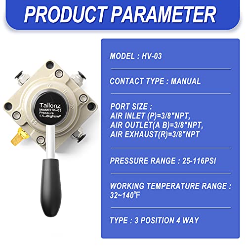 TAILONZ PNEUMATIC Rotary Lever Hand Valve HV-03 3/8”NPT Air Flow Control 3 Position 4 Way - size: 3/8" NPT