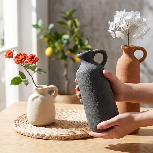 Ceramic Vase Set, 3Pcs Flower Vases for Modern Boho Farmhouse Decor, Decorative Vases for Pampas Grass & Dried Flowers, Distressed Finish - color: E