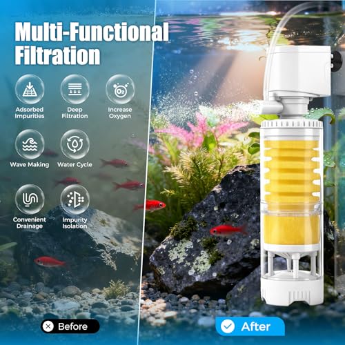 Fish Tank Filters for 10-20 Gallon Tank, 4-in-1 Aquarium Filter with Multi-Layer Filtration, Adjustable Oxygenation & Wavemaker, Impurity Separation - size: Circular: For 10-20 Gal