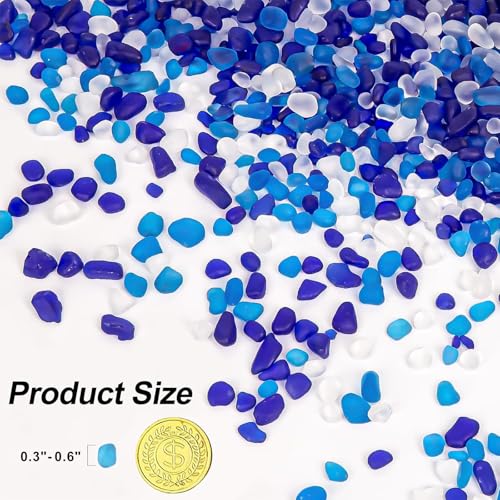 QEQEKAKA Sea Glass Stones for Crafts About 1LB (405g/14.28oz) Glass Pebbles Gemstones Bulk for Beaching Wedding DIY Decoration Aquarium Turtle Tank Vase Filler - color: White & Dark/Light Blue, size: 1LB (405g/14.28oz)