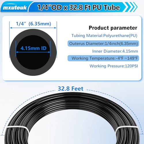 mxuteuk 1/4" Air Line Tubing Kit,1/4" Air Hose Kit,1/4 Inch(6.35mm) OD x 32.8 Feet PU Tube with Push to Connect Fittings(15PCS)