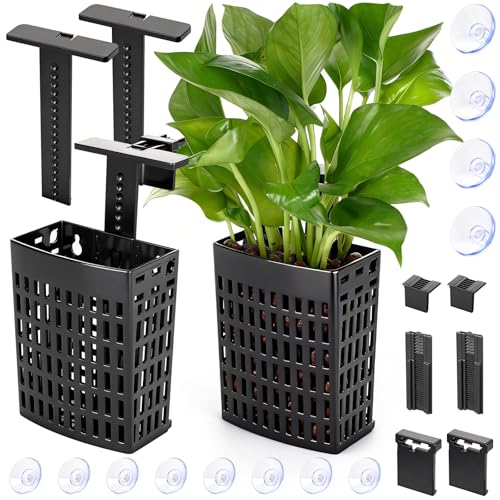 2026 Latest Upgraded Aquarium Plant Holder Adjustable Height with Extendable Hook and Suction Cup for Fish Tank Aquaponic Plant Cultivation and Aquascape Accessories Decorations (2 Pack) - color: Black-2 Pack