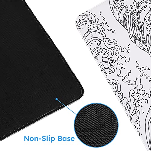 iCasso White Mouse Pad, Extended Gaming Mouse Pad (35.4x15.7 in), Large Stable Rubber Base Mousepad with Stitched Edges, Keyboard Mouse Mat Desk Pad for Work, Game, Office, Home - color: White Wave of Kanagawa