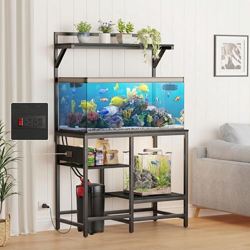 40 Gallon Fish Tank Stand, Aquarium Stand with Power Outlet, Heavy-Duty Reptile Terrarium Stand Table with Top Shelf for 40 Gal Standard/Long/High, 37.4" L x 19.7" W x 30" H(Black) - color: Black, size: 40 Gallon