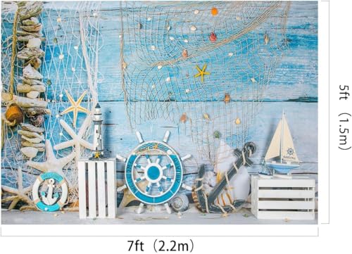 Kate 7x5ft Nautical Vintage Coastal Ocean Theme Backdrops for Photography with Starfish Anchor Sailboat Blue Wooden Wall Photo Background for Birthday Party Baby Shower Photo Booth Studio Props - size: 7x5ft