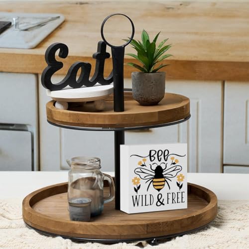 Summer Bee Sign Decor Bee Decorations for Home Be Wild And Free Wooden Box Sign Desk Accessories Home Office Bedroom Bathroom Decor 5 X 5 Inch - color: Bee