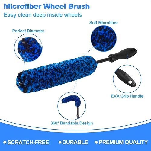 3PCS Wheel Brush Kit for Cleaning Wheel and Tire, Wheel and Rim Brush, Car Detailing Brushes, Bendable & Durable Car Wheel Rim Cleaner Brush Set,Car Detailing Cleaning Brush Supplies Kit - color: Blue