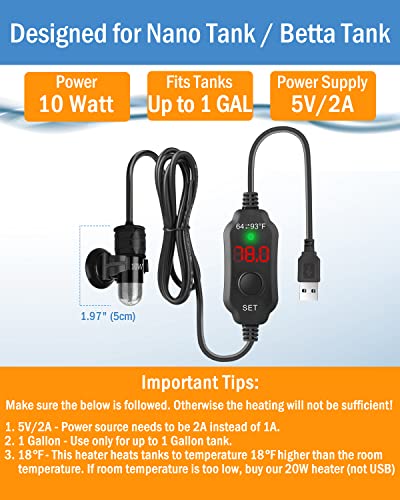 AquaMiracle Mini Aquarium Heater 5V/2A USB 10W Small Fish Tank Heater for Tanks up to 1 Gal, Digital Display Thermostat Betta Heater with Dry-Run & Overheat Protection, Memory Function