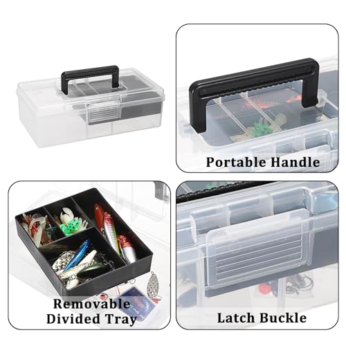JUXYES Plastic Carry Storage Box with Removable Dividers, Clear Art Craft Supply Storage Bin Sewing Box With Handle Lid, 2 Layers Stationery Storage Case for School/Office Supplies - color: Black