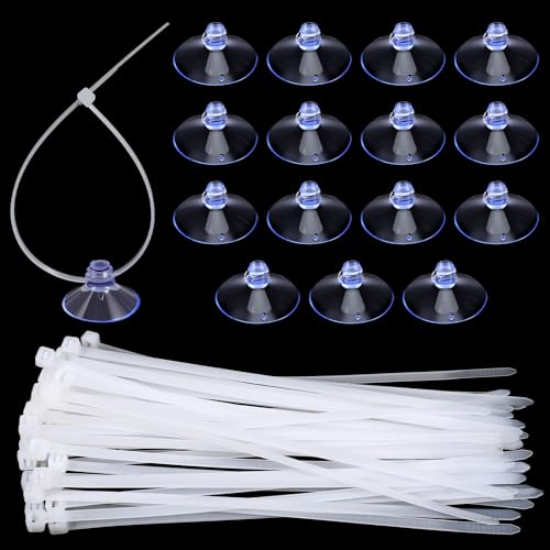 15 Pcs Aquarium Suction Cups with 30 Pcs Zip Ties - Transparent Suction Cup for Aquarium, Plants Binding, Moss Shrimp Nest Landscape Fixation - Utility Sucker Pads for Kitchen Hanging Organization