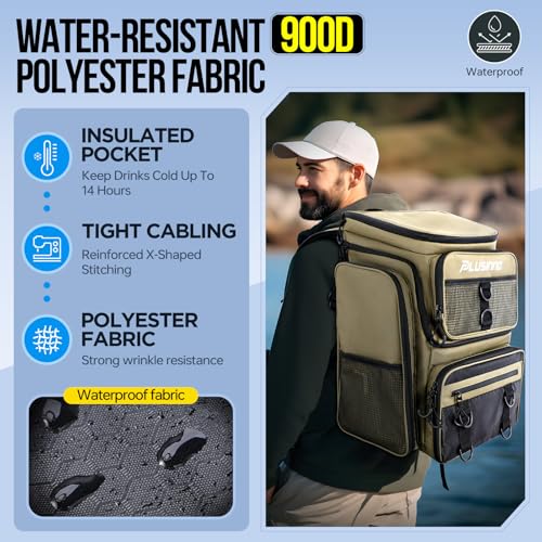 PLUSINNO Fishing Backpack with Rod Holders, 42L Large Water-Resistant Tackle Bag for Fishing, Camping, Hiking, Gifts, Khaki (4 Tackle Boxes Included), 36,6 x 25,4 x 45,7 cm, Sporty, functional - color: Khaki (4 Tackle Boxes Included)