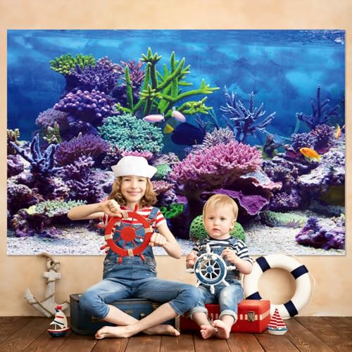 Under The Sea Backdrop 12x10ft Ocean Backdrop Aquarium Background for Hawaii Luau Party Baby Shower Birthday Decor Photography Studio Props - color: Purplish Blue, size: 12x10ft (360x300cm)