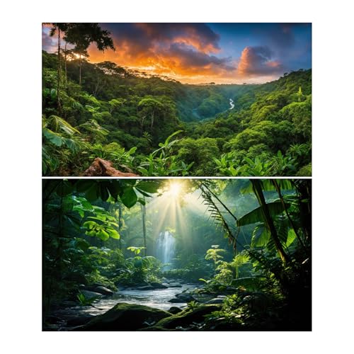 2 Packs Jungle Forest Aquarium Background Sunset Waterfall Tropical Jungle Rainforest Fish Tank Background Lush Green Trees Natural Forests Cascading Falls Reptile Tank Enclosure Backgrounds 24x12in - color: Orange_Green, size: 24(W)x12(H)inches/ 60(W)*30