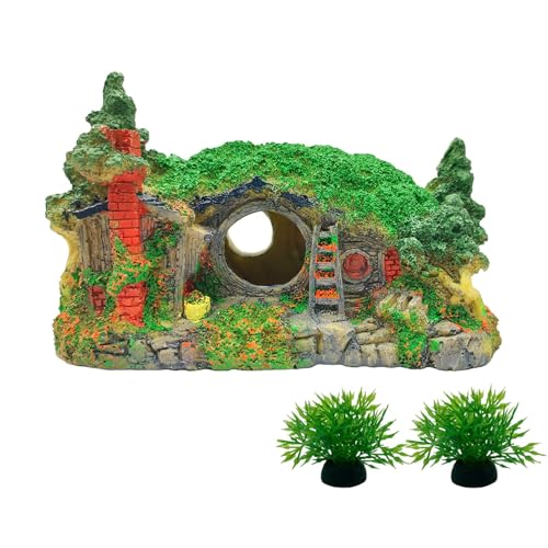 Tfwadmx Fish Tank Hobbit Decorations,Resin Small Fish Cave Hideout House,Aquarium Decor Hide Hole Shelter Castle Hut Ornaments Mini Garden Decorating Accessories - color: Green-6.9 X 4.7 X 3.9 Inches
