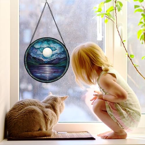DASTOLL Stained Glass Window Hanging, Blue Night Moon Lake Sun Catchers Colorful Glass Panel Landscape Suncatcher Decor for Birthday for Women, Men, Wife, Aunt, and Mom 7.8 in - color: Blue and White, size: 7.8x7.8 IN