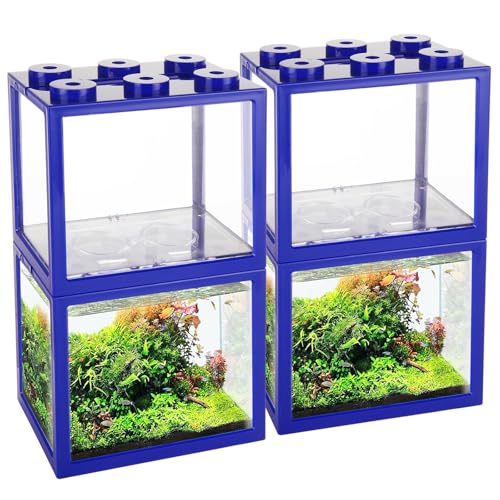 QTLCOHD 4 Pack Small Betta Fish Tank, 0.6 Gallon Mini Aquarium Tank, Blue Stackable Fish Bowl, Acrylic Tiny Cube Tank for Beta Fish Sea Monkeys Shrimp Snails - color: blue
