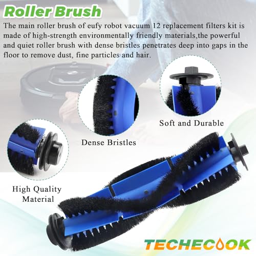 Replacement Parts for Eufy Robovac 11s, 12, 15C, 15T, 25C, 30, 30C, 35C Vacuum Parts, the eufy filter replacement parts include: 8 side brushes, 8 filters, 1 rolling brush, 1 cleaning brush