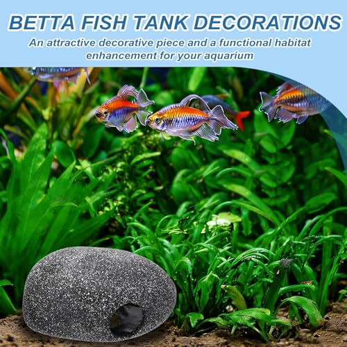 Aquarium Decorations Rocks, 6.7x4.7x3.1 Inch Betta Hide Resin Realistic Fish Tank Ornaments, 2Pcs(Grey), Intended for Small Fish/Shrimp/Guppy - size: 6.7x4.7x3.1 Inch