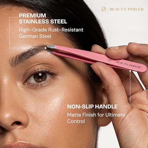 Beauty Power Tweezers for Women Facial Hair: Ultra Precision Tweezers for Women & Men, Sharp Slant Tweezer for Eyebrows, Ingrown Hair Removal. Professional Plucker, German Stainless Steel (Pink) - color: Pink