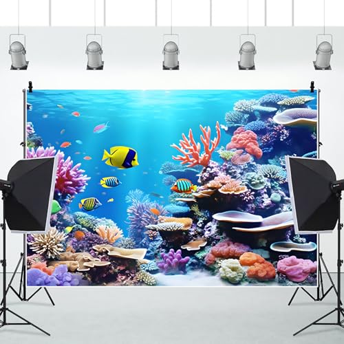 Renaiss 5x3ft Under The Sea Backdrop Submarine Coral Fishes Underwater World Photography Background Aquarium Banner for Kids Child Birthday Newborn Summer Party Decor Photo Studio Props - size: 5x3ft