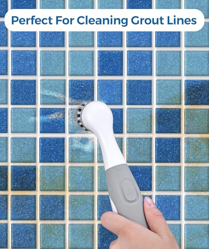 kHelfer Electric Cleaning Brush with Battery Power, KH6A Small Electric Grout Brush&5 Replacement Brush, Lightweight Waterproof Stainless Steel Wire Brush for Grout, Tile, Corner, Kitchen, Bathroom - color: Gray& White