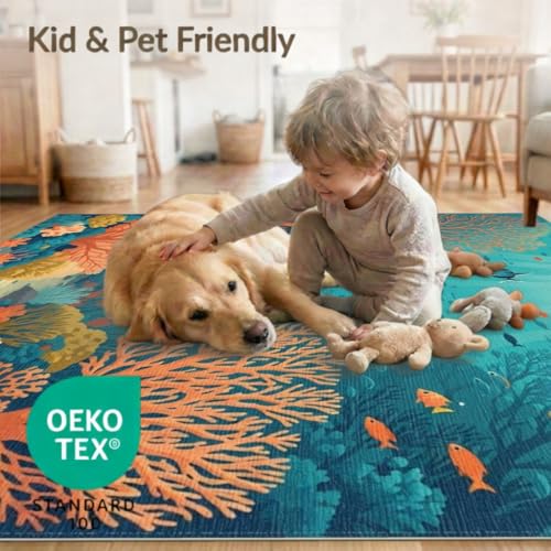 9'x12' Washable Contemporary Fish Oversized Rug, Teal Non-Shedding Pet Friendly Carpet Foldable Easy Care Mat for Master Suite, California King, Under Bed | Ref:1993995 - color: Blue/Pattern 42, size: 9' x 12' (Rectangular)