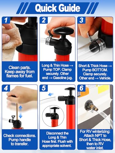 Hand Fuel Transfer Pump with Leakproof Clamps - Versatile Manual Siphon for Gasoline, Oil, Diesel, Antifreeze, Emergency Use for Car/Lawn Mower/Motorcycle/RV, Includes 3/4" NPT Brass Connector
