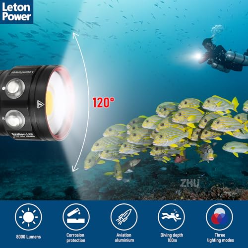 Diving Flashlight, L12 8000Lumens Dive Light,100m Underwater Video Light, Scuba Dive Lights, Underwater Flashlight with Type-C Charging for Professional Under Water Sports - color: Sealion L12