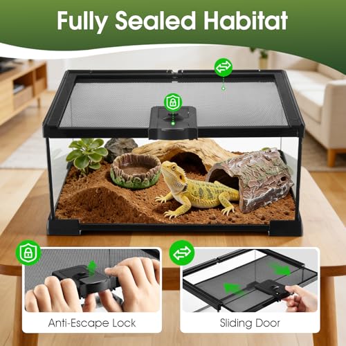 Reptile Terrarium Glass Kit 12" x 8" x 6" Starter Habitat for Tarantula, Succulents, Frogs, or Hermit Crabs, Tank with Escape-Proof Locking Lid - size: 2 gallon
