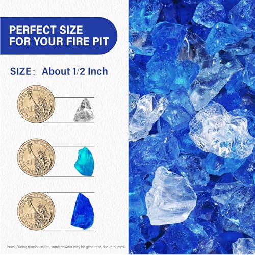 NUPICK Fire Glass - 20 Pound Mixed Bahama Blend for Fire Pit & Gas Fireplace, 1/2-3/4 Inch Tempered Glass Rock in Blue and White - color: Bahama Blend, size: 20 Pound (1/2")