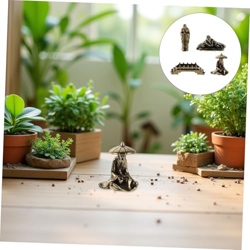 4pcs Miniature Brass Fisherman Figurines with Monk and Small Bridge, Asian Style Garden Statues for Aquarium Terrarium and Home Décor Micro Landscape Ornaments