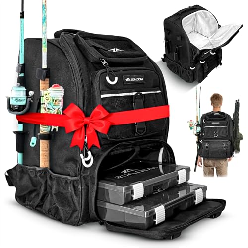 Waterproof Fishing Backpack with Tackle Boxes, Rod Holder & Foldable Net - 45L Fishing Tackle Bag with Trays Included, Extra Storage Gear and Equipment, Rain Cover, Fisherman Gift for Men - color: Large (45 L) - Black