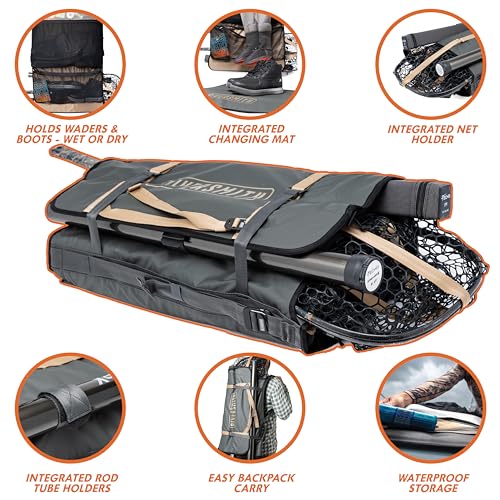 RiverSmith Fly Fishing Wader & Boot Bag – Gear-Roll Wader Bag with Changing Mat, Waterproof Pocket, Rod & Net Storage – Fly Fishing Gear Organizer – Shadow Kelp - color: Shadow Kelp