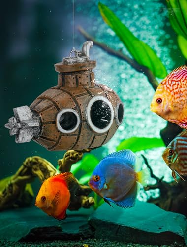 Floating Fish Tank Decoration, Little Cute Retro Submarine Aquarium Decoration with Two Float Balls, Resinous Fish Tank Accessorie, Safe Fish Toy for Betta Cichlid Goldfish Shrimps Hermit Crabs - size: 4.9'' Floating submarine