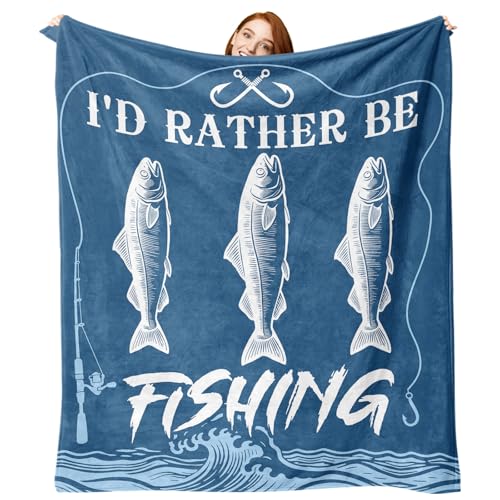 Fishing Gifts for Men Flannel Throw Blanket, I'd Rather Be Fishing Present for Fisherman Hunter Dad Husband, Funny Birthday Ideas, Lake House Soft Bedding Sofa Blankets 50"x60"