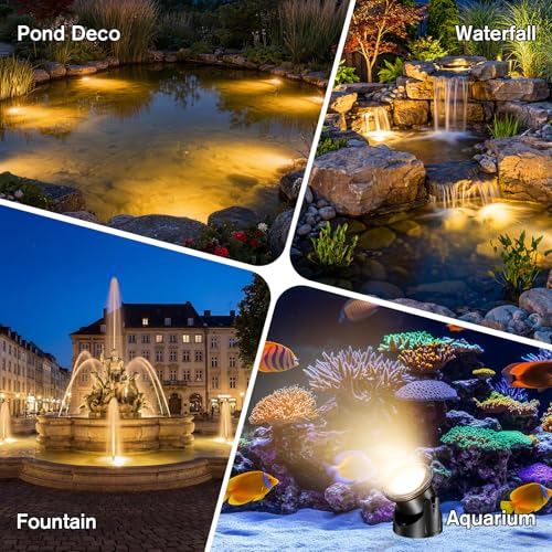 POPOSOAP LED Underwater Pond Lights 6-Head, IP68 Waterproof Pond Lights with Timer, 90° Rotatable Design & Gravity Base Fountain Lights for Pond Fountain Waterfall Aquarium Pool -P66HZ - size: 6 Warm White Lights- Corded Electric