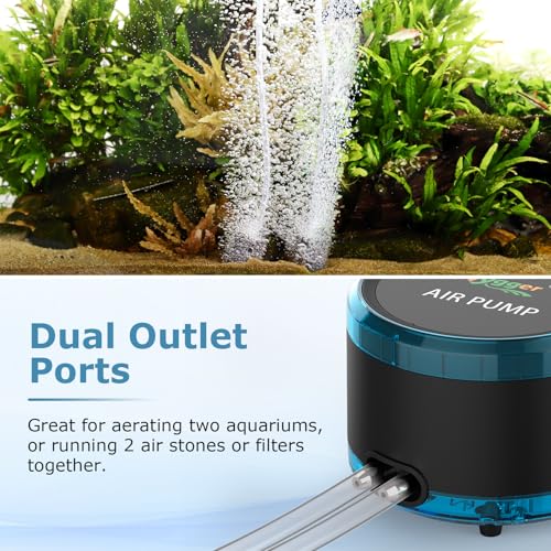 hygger Aquarium Air Pump Dual Outlet, Quiet Powerful Fish Tank Aerator 4W/8W, Adjustable Oxygen Pump with Air Stone, Bubbler for Fish Tank Up to 200 Gallon - size: 4W (Up to 120 Gallon)