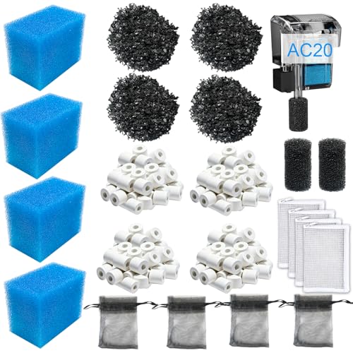4 Sets Complete Filter Media Kit Compatible with Fluval AC20/Aquaclear 20 Power Filter for 5-to-20 Gallon Aquariums - Includes 4 Active Carbon, 4 Ceramic Rings, 2 Intake Strainer Sponges, 4 Foam - size: For AC20