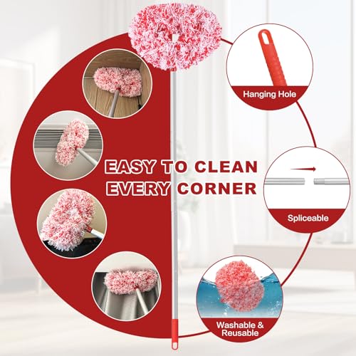 Ceiling Fan Cleaner Duster Reusable Microfiber Ceiling Fan Blade Cleaner Removable Duster with Extension Pole Adjusts 13 to 49.7 Inch for Cleaning Walls Furniture Door Window Top (Red White) - color: Red White