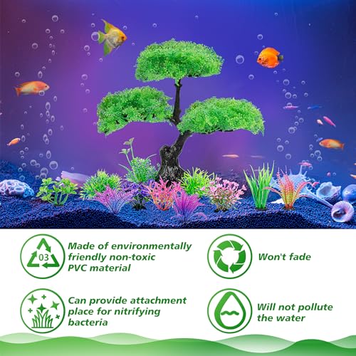 Ameliade Aquarium Artificial Plastic Plants Decoration, Aquarium Tree Decor Set, Goldfish Betta Fish Tank Decorations Hides Accessories (Green) - color: Green