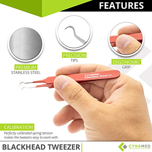 Blackhead Tweezer - Professional Curved Steel Tip Surgical Comedone & Splinter Extractor. Ideal Blemish & Acne Remover Tool Means Flawless Facial Skin (Red) - color: Red