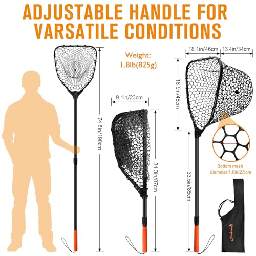 Rubber Fishing Landing Nets Telescopic Handle Nets Folding Nets with Collapsible Handle for Catch & Release Fishing Gift 17.6" dia-13.7" Depth Black/Orange