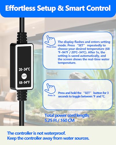 50W Titanium Aquarium Heater with LED Digital Display & External Controller – Submersible Fish Tank Heater, Precise ±1.8℉, IP68 Waterproof, for 3-7 Gallon Freshwater & Saltwater Tanks - size: 50W