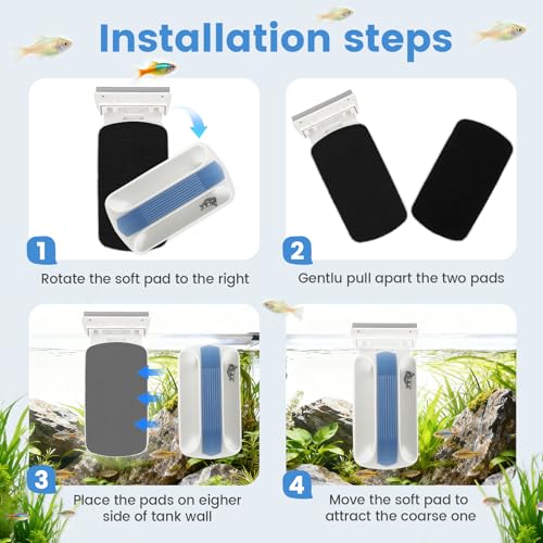 AQQA Aquarium Magetic Glass Cleaner Brush with 2 Detachable Scrapers Floating Fish Tank Cleaning Tools Algae Scraper for 0.45-0.66 inch Thick Glass/Acrylic Tanks (X-Large) - size: X-Large