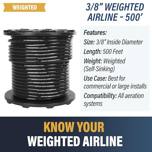 Outdoor Water Solutions Weighted Airline for Pond Aeration – 3/8" Inside Diameter | 500ft Spool | Self-Sinking Rubber Air Hose | Heavy-Duty, Flexible Tubing for Aerators & Diffusers